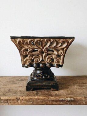 Vintage Style Ornate Resin Planter Footed Square Carved Wood Look Filigree 5.75"